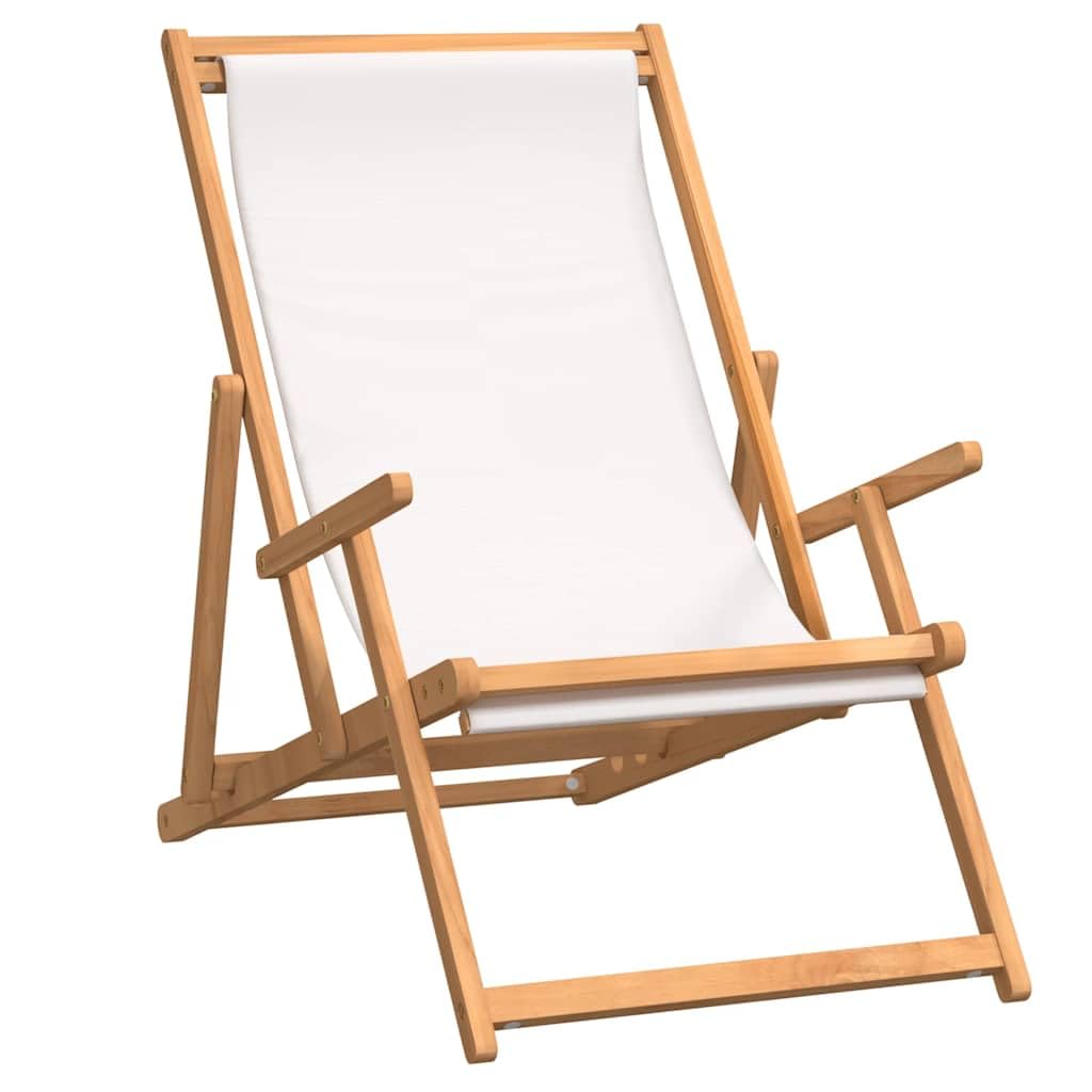 Générique Krzesło składane z litego drewna Teak Cream | Wygodne siedzisko z tkaniny, regulowane oparcie, łatwe składanie, ogród plaża kemping, 110 kg
