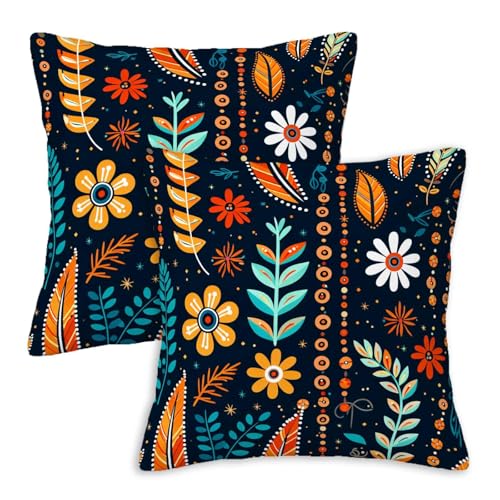 Firmiso Scandinavian Folk Art Throw Pillow Covers 18x18 Set of 2 | Floral Decorative Cushion Covers for Sofa Couch Bed | Boho Nordic Inspired Home Decor Pillow Cases | Navy Blue Orange Accent