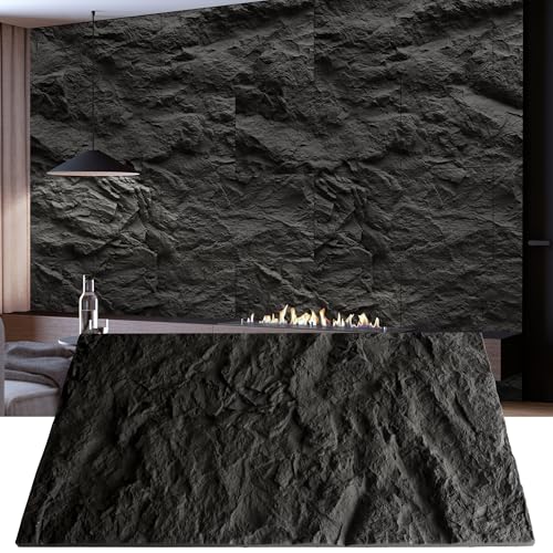 KASARO 3D Faux Stone Wall Panels, 4 PCS PU Wainscoting Panel for Interior Wall Decor, Cement Texture Thicker Accent for Home, Office, 43.3 × 23.6 inch, Black