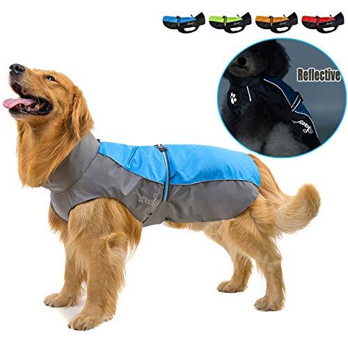 Ranphy Impermeable para Perros Tiras Reflectivas Chubasquero Transpirable Ropa Seguras Jacket Abrigo Chaqueta para Lluvia Medianos Perro de Raza Grande, Mascotas Ropaje Azul 5XL Cover