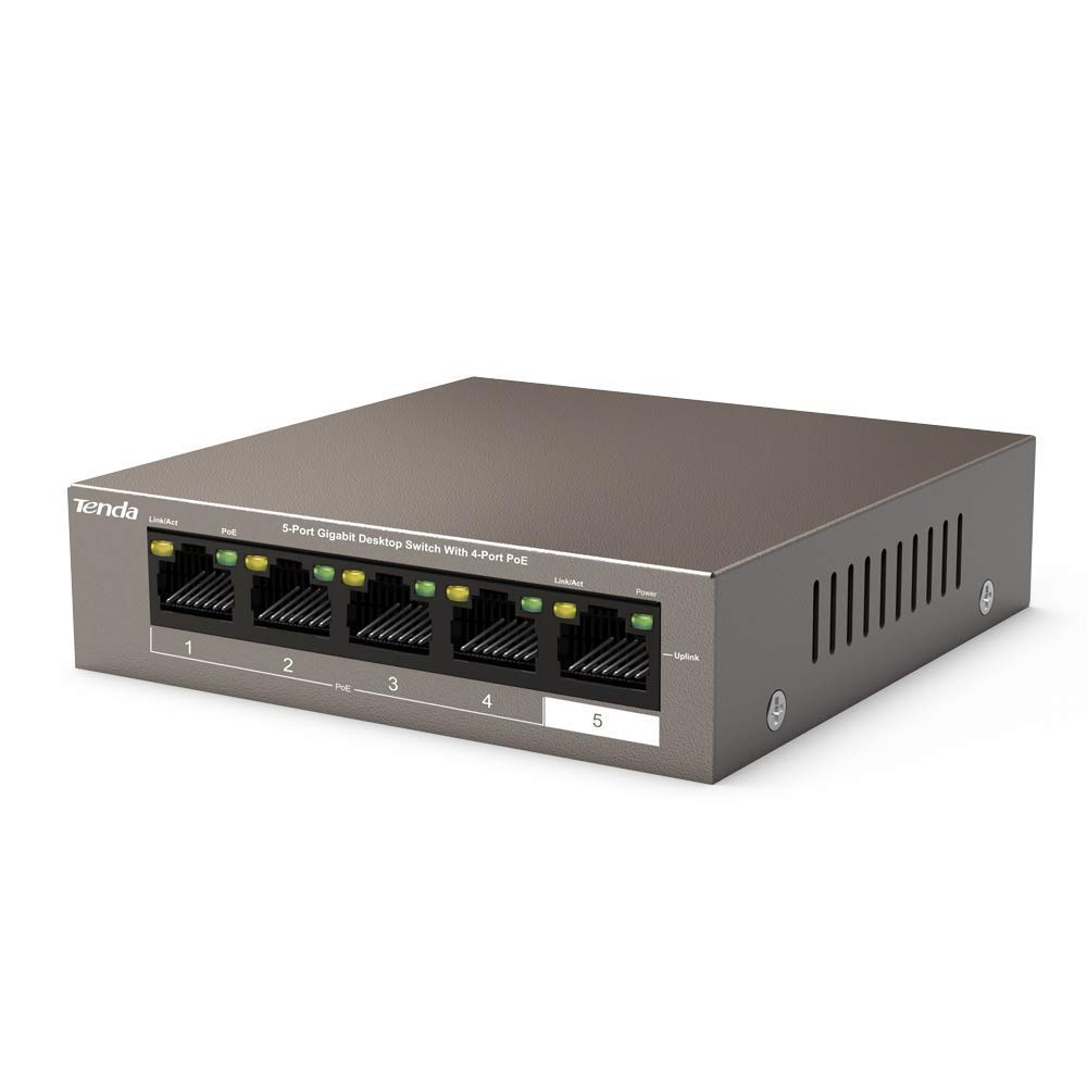 Tenda PoE Switch Ethernet 5 Ports 10/100 Mbps (TEF1105P-4-38W) Aves 4 Ports PoE 35W, IEEE 802.3af / at, Plug et Play, Format Bureau, Boîtier Métal, Idéal pour Les Projets de Surveillance IP Gris