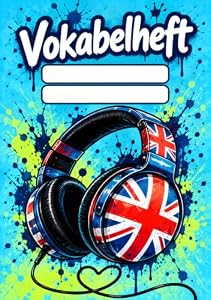 Vokabelheft Englisch für Jungen | DIN A5 | 2 Spalten | liniert mit Mittellinie: Schulheft für Kinder zum Vokabellernen – Lineatur 53 und 110 linierte Schreibseiten | Kopfhörer-Motiv Nr. 01