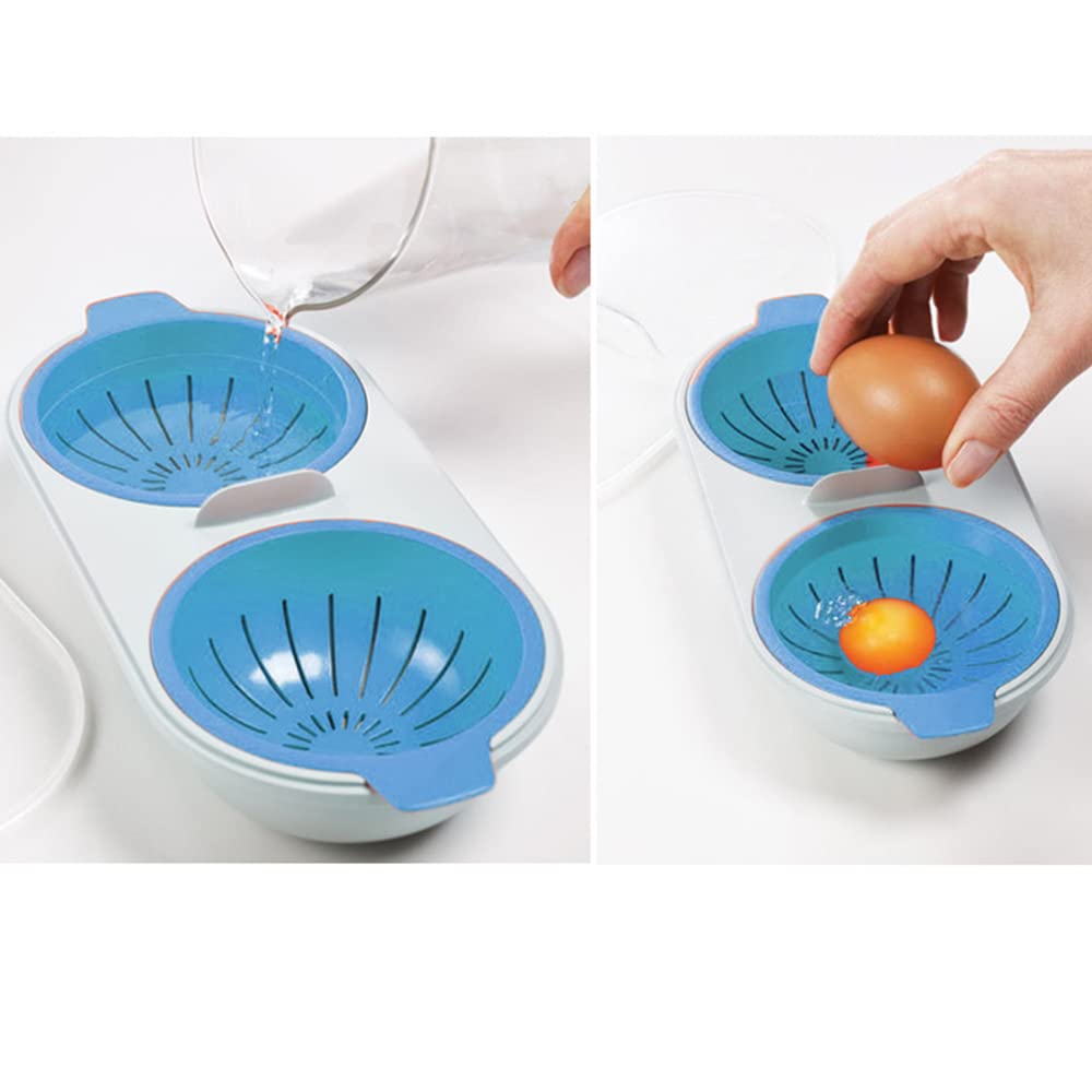 Microwave Eggs Poacher Microwavable Double Layer Egg Boiler Cooker, Microwave Oven 2 Egg Poacher Eggs Covered Poached Cup Microwave Steamer Cooker Maker Kitchen Gadget Kitchen Tool (Blue)