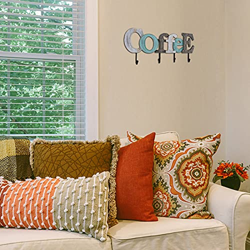 Linfevisi Wooden Coffee Sign Aqua Hanging Block Letters Sign Rustic Wood Word Decor Coffee Wall Sign Cutout Word Art Wall Decor Decorative Key Holder Hanger With 4 Hooks (Coffee) #TOP3