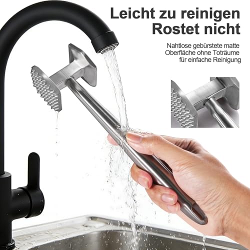 Foto von Gemivora 304 Edelstahl Fleischklopfer – Spülmaschinengeeignet, Rostfrei & Lebensmittelecht | Doppelseitiger Kopf (Glatt & Gezackt) für zarte Steaks, Schnitzel & Geflügel