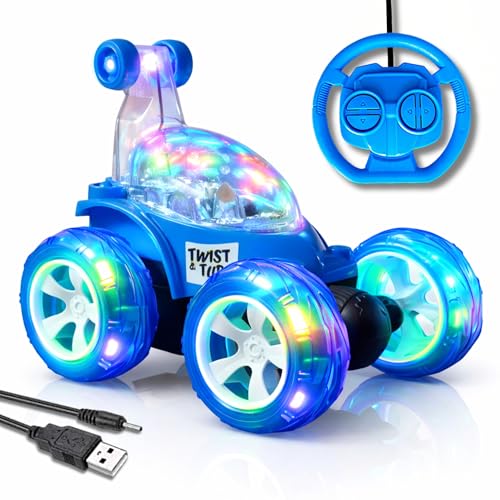 Image of USB Rechargeable 360 Remote control Stunt Car Toy for Kids, Big Size 4WD RC Racing Car for Boy & Girls with RGB Lights Music,Anti-Skid Rubber Tires, Age 4+, Indoor Outdoor Play(9802 BLUE)