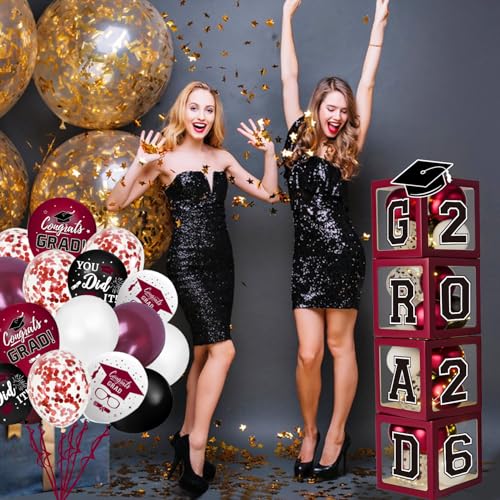 Image of Maroon Themed 2026 Graduation Decorations Set - Balloons Boxes with Letters 2026 GRAD So Proud of You - Complete Party Supplies for High School & College Celebrations