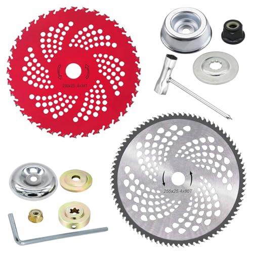 Freischneider Messer 2er Set, 25.4mm Dorn Rasentrimmer Messer, Ersatzmesser Motorsense, Freischneider Sägeblatt, Rasentrimmer Zubehör Freischneiderklinge Dickichtmesser mit Adapter für Mäharbeiten (C)