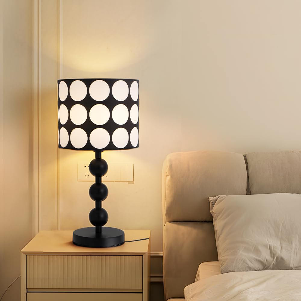 Lampada da Tavolo con Sfere Bianche e Nere, Paralume in Plastica con Motivo a Pois, Diametro 25 cm, Attacco E27, Lampadina non Inclusa