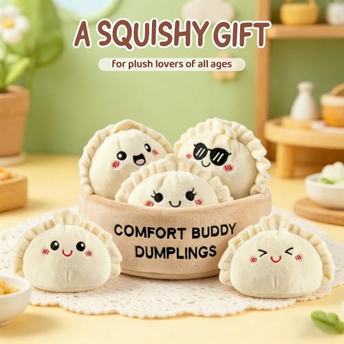 Image of Emotional Support Dumplings Plush Cute Stuff Gifts, 5 Tiny Squishy Dumplings with Carrying Basket, Best Friend Birthday Gifts for Him Friendship Bestie Adult (Dumpling)