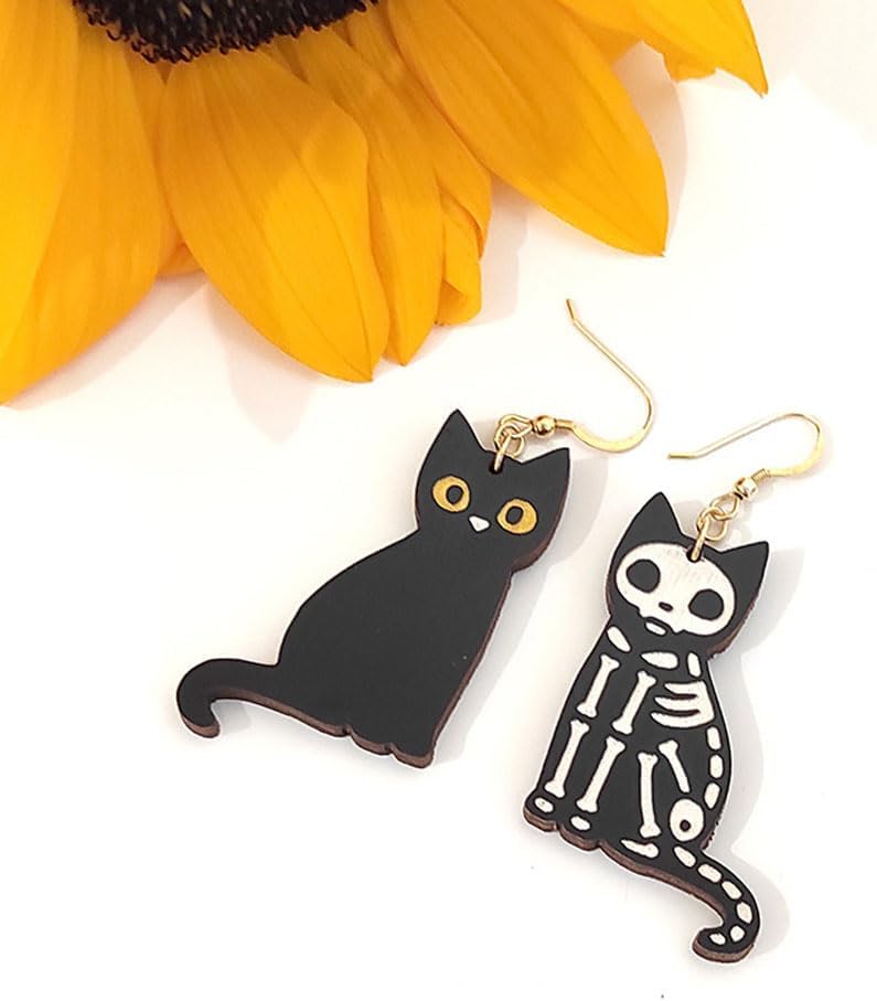 Black Cat Earrings Skull Cat Skeleton Cat Earrings Wooden Black Cat Earring for Women Halloween JEWELRY Gifts - Image 4