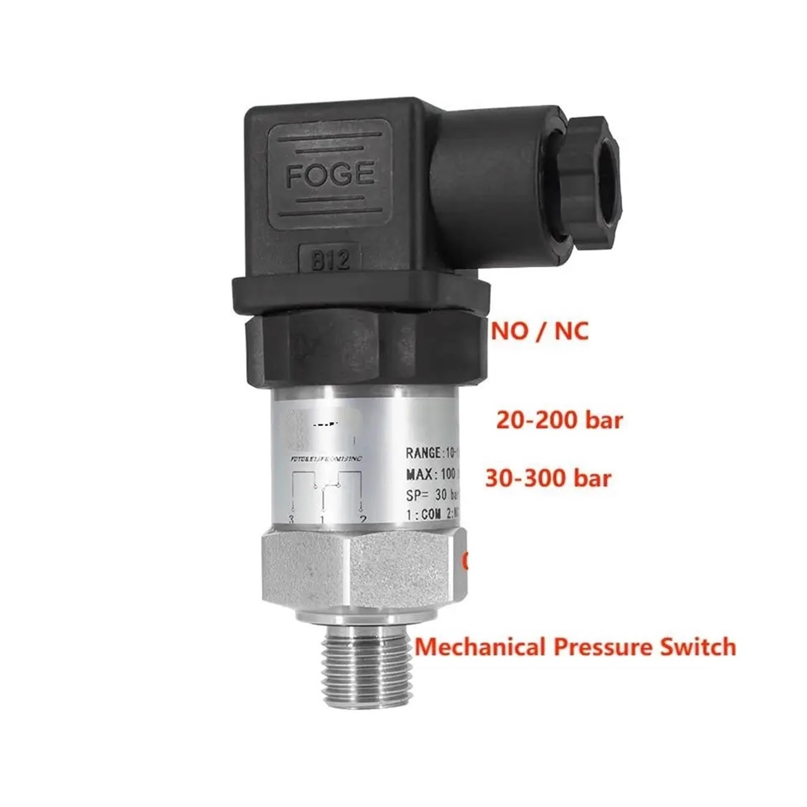 Interruptor de presión Ajustable mecánico 0-200bar 300bar Control de presión de pistón de diafragma de Acero Inoxidable estándar for Agua de Aceite(Black,20-200bar)