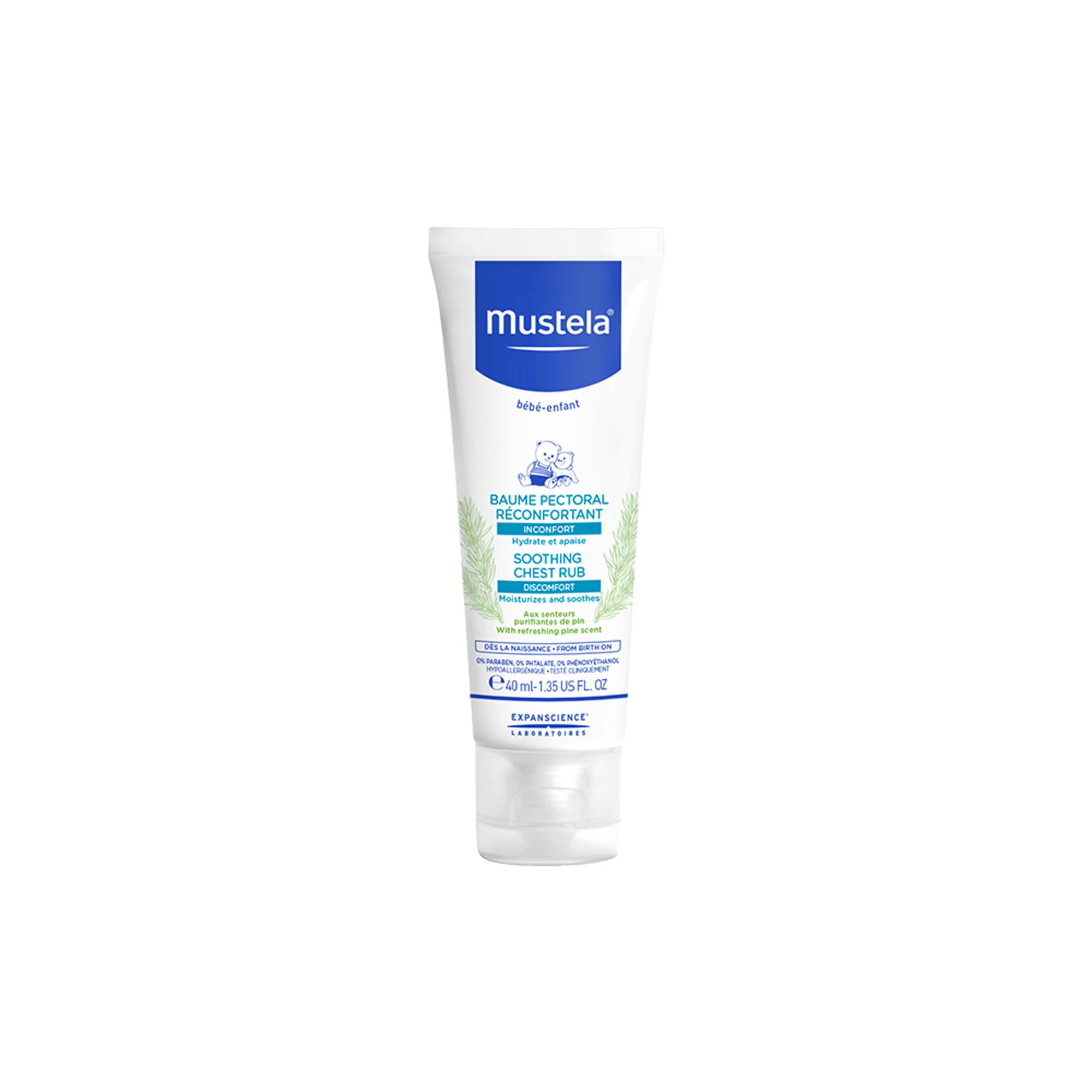 Mustela Crema Massaggio Balsamica 40ml per Raffreddore Naso Chiuso Tosse Camomilla Miele Karité Avocado Tiglio Pino