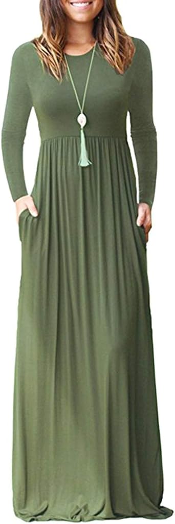 Womens Casual Long Sleeve Crewneck Solid Long Maxi Dress Loose Pockets Dresses
