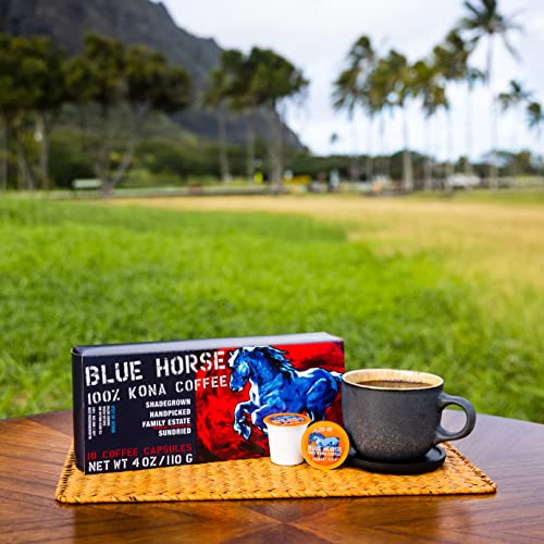 Farm-Fresh: 100% Kona Coffee - Medium Roast - Compatible With K-Cup 2.0-10 Single Serve Pods - Blue Horse 100% Kona Coffee Arabica Beans From Hawaii #TOP3