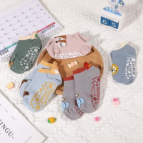 Opopark 5 Paar Grip Socken, Baby Kleinkinder rutschfeste Socken, Stoppersocken Baby, Socken aus Baumwolle mit Tiermotiv(3-5 Jahre)