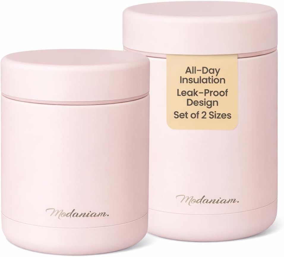 Stainless Steel Insulated Food Jar Set of 2 (16oz + 12oz), Wide Mouth, Soup Thermo for Hot Food, Lunch Container, Insulated Soup Bowl, Hot and Cold Insulated Lunch Box, Pink