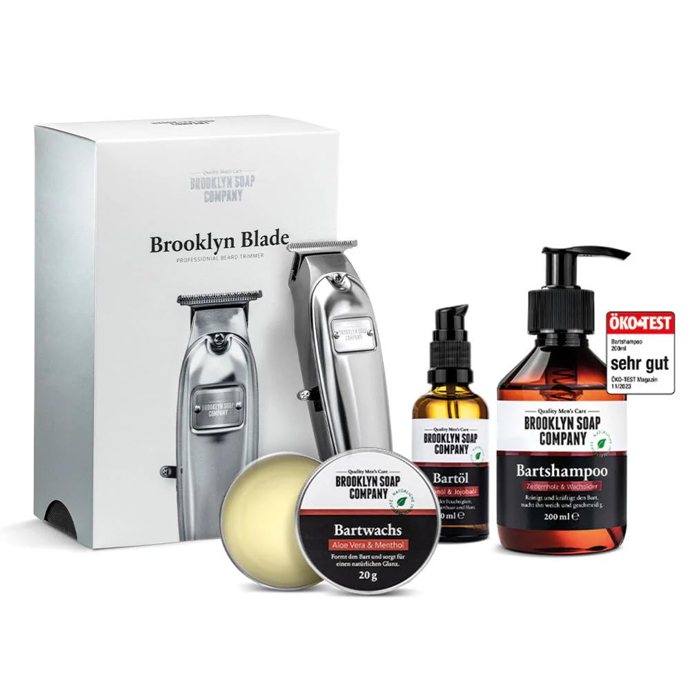 Brooklyn Soap Company Expert Beard Bundle | Set mit Brooklyn Blade Barttrimmer, Bartöl, Bartshampoo & Bartwachs - Hochwertiges Bartpflege-Set & Geschenkset für Männer