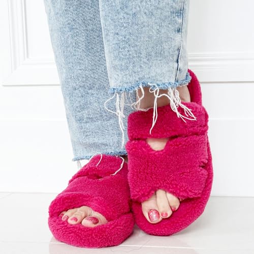 TRENDSUP Open Toe Slippers for Women, Adjustable, Memory Foam, Fuzzy Fur Lining, Non Slip Sole4
