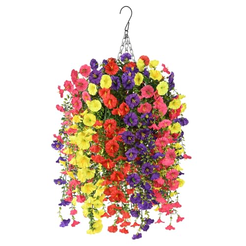 Homsunny Artificial Fake Hanging Flowers Plants Baskets for Outdoor Spring Decoration, Faux Morning...