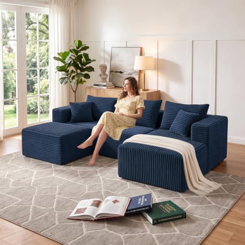 Image of 93 inch U-Shaped Boneless Couch, Corduroy Cloud Couch Sectional with Chaise and Ottoman, Deep Seat Modular Sectional Sofas for Living Room, No Assembly - Navy Blue (Right Facing Chaise)