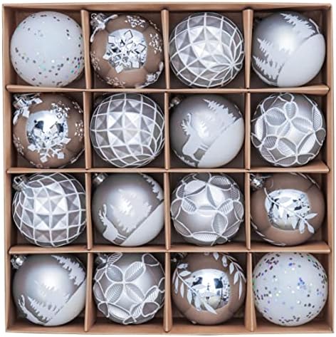 Victor's Workshop 16pcs 8cm Shatterproof Christmas Baubles, Frozen Winter Silver and White Christmas Ball Ornaments for Christmas Tree Decoration