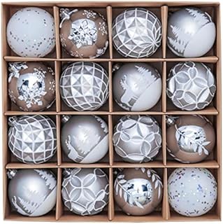 Victor's Workshop 16pcs 8cm Shatterproof Christmas Baubles, Frozen Winter Silver and White Christmas Ball Ornaments for Christmas Tree Decoration