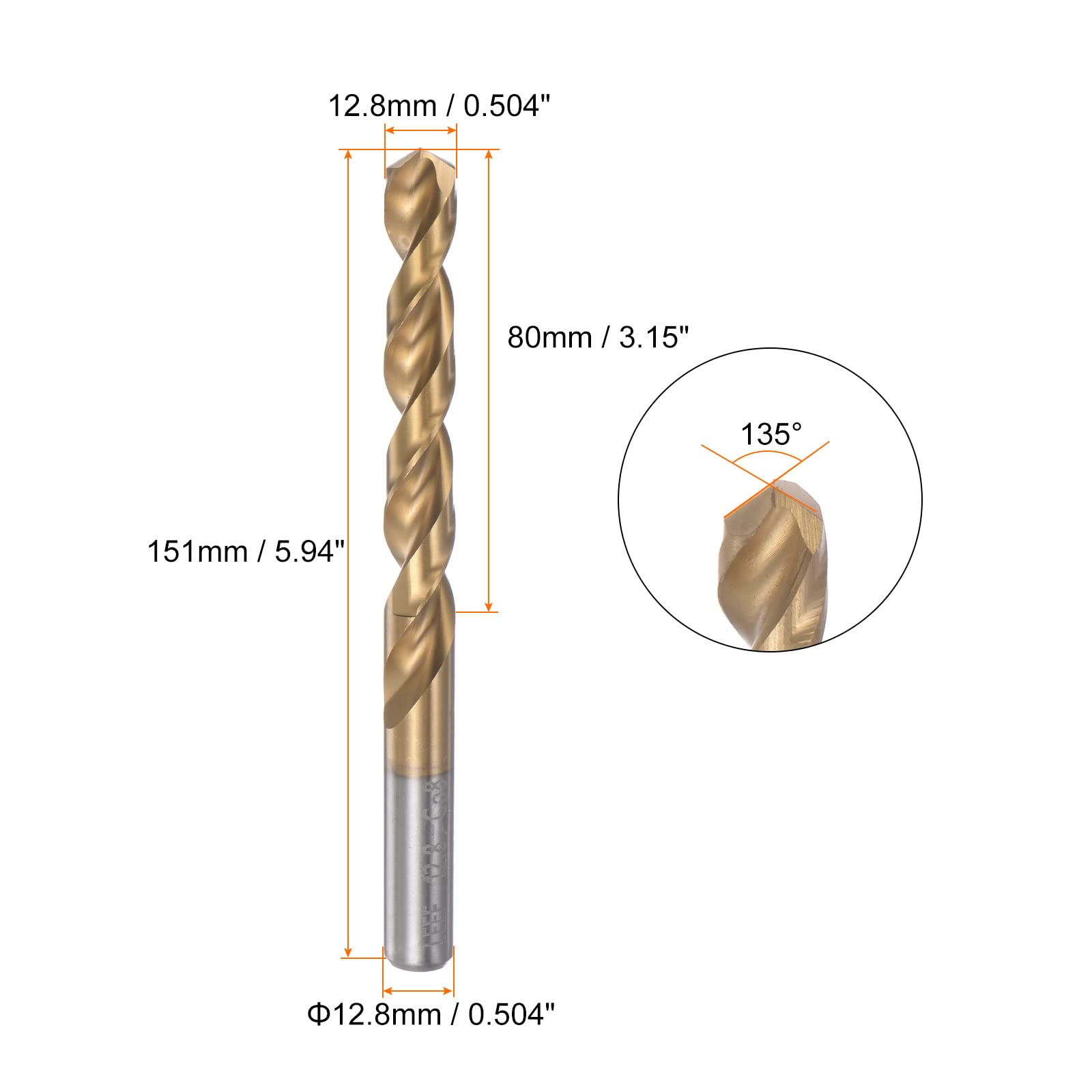 sourcing map Helicoidal Barrena 12,8mm Titanio Revestido (HSS-E) M42 Alta Velocidad Acero 8% Cobalto Recto Vástago para Inoxidable Acero Aluminio Aleación Metal
