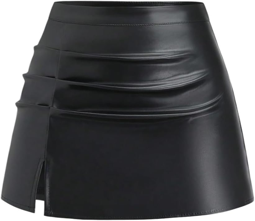 Milumia Women's Pu Leather High Waisted Mini Skirt Ruched Side Slit A Line Short Skirts