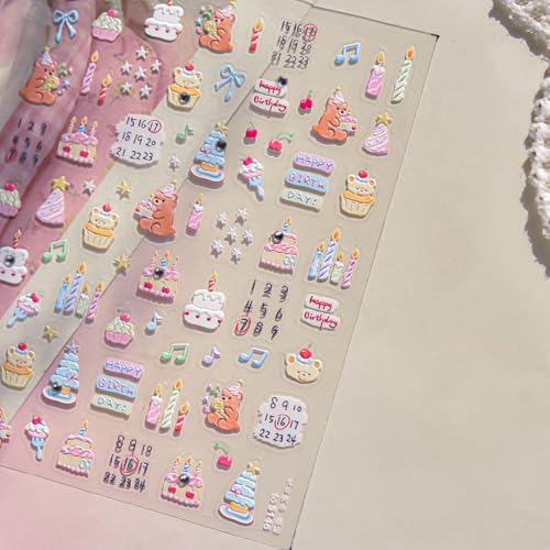 Image of Birthday Nail Stickers Cake Nail Art Decals Candle Star Bear Bow Nail Art Sticks 5D Embossed Self Adhesive with Design for Women Girls Kid Happy Birthday Manicure DIY Charms Decoration