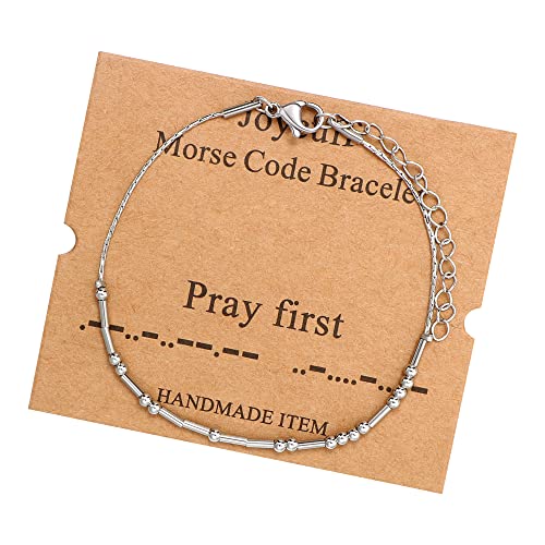 Image of JoycuFF Inspirational Morse Code Bracelets for Women Silver Beads Jewelry Encouragement Mantra Gifts for Her