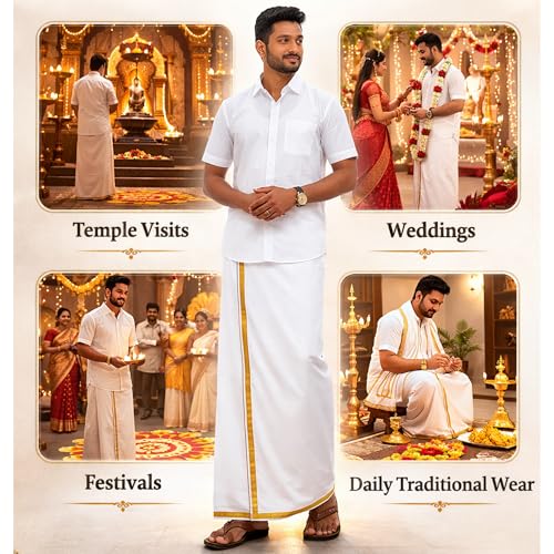 Image of Success Stationery White Dhoti for Men Cotton with Golden Zari Border | Lungi for Men Cotton | South Indian Veshti Pancha Panche | Kerala Mundu | 2 Meter | Single Layer Daily Wear Pooja Wedding