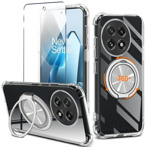 Compatible for OnePlus 13 5G 2025 Phone Case with Glass Screen Protector 360° Rotatable Ring Holder Kickstand [Non Yellowing] Transparent 4 Corners Shockproof Protective Phone Cover Case - Clear