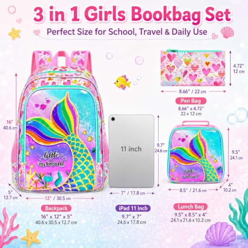 Image of 16 inch Mermaid Backpack for Girls, 3Pcs Kids Fish Tail Backpacks with Lunch Box, School Bookbag for Elementary Preschool Kindergarten(Pink)