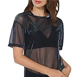 Ärmellänge: Kurz. Mode Frauen Mesh hauchdünnen durchsichtigen Langarm Crop Top T Shirt Bluse schwarz