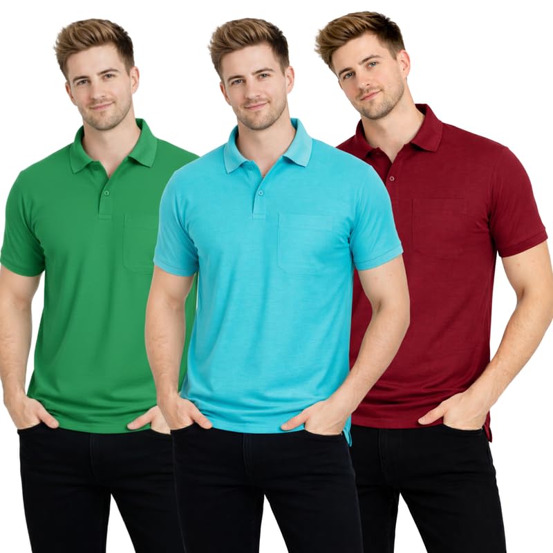 Polo Neck T-Shirt Pack of 3 for Men & Boys | Half Sleeve Collar Tee with Pocket | Premium Spun Matty Fabric | Casual & Office Wear | Sizes M to 2XL | FX_PO3_MCR_AQU_MRN-image-29