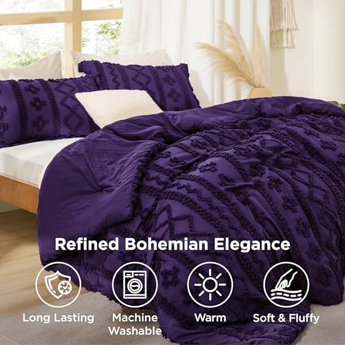 Bedsure Tufted Boho Comforter Set Queen Size - Purple Boho Bed Set, GentleSoft™ 3 Pieces Farmhouse Shabby Chic Embroidery Bedding, Gifts for Woman, Soft Jacquard Queen Comforter for All Seasons