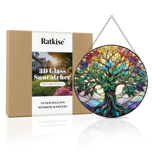 Stained Glass Window Hanging, Tree of Life 3D Embossed Diamond Glass S