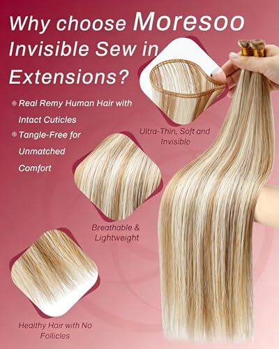 Image of Moresoo Genius Weft Human Hair Extensions, Highlight Brown with Blonde | Made with Remy human hair, 20 Inch 60g, flowing layers for weddings, photoshoots and special events