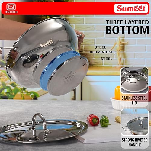 Image of Sumeet ISI Certified Stainless Steel Kadai with Steel Lid & Encapsulated Heavy Bottom |Induction and Gas Compatible | 3Ltr Capacity - 26cm Dia, Silver