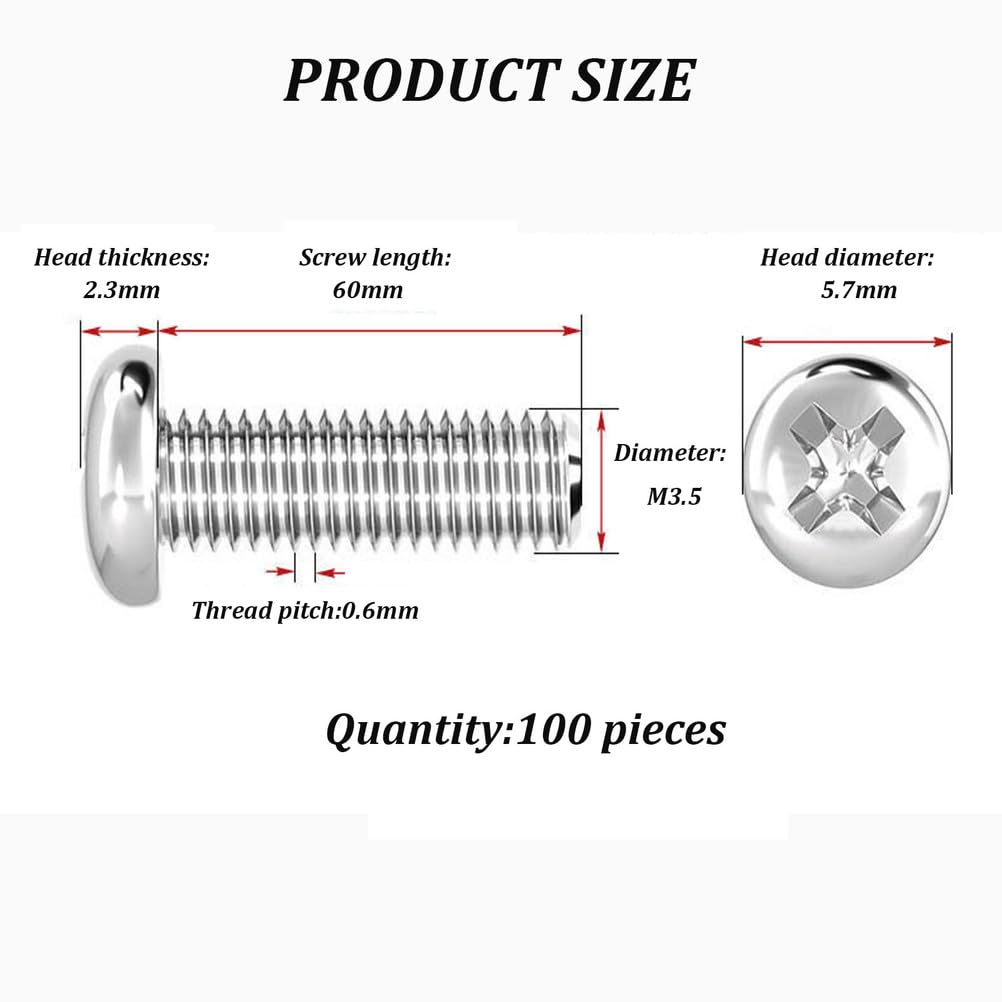 Śruby krzyżowe M3,5 ze stali nierdzewnej 304, długie śruby, 35–60 mm, 100 sztuk w opakowaniu(60MM)