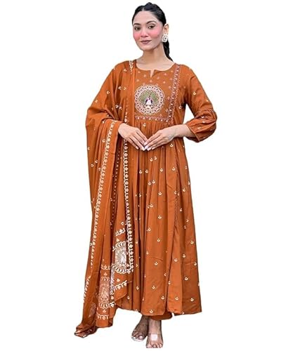 Image of KLOSIA Women Printed Anarkali Kurta and Pant Set with Dupatta (in, Alpha, XL, Rust)
