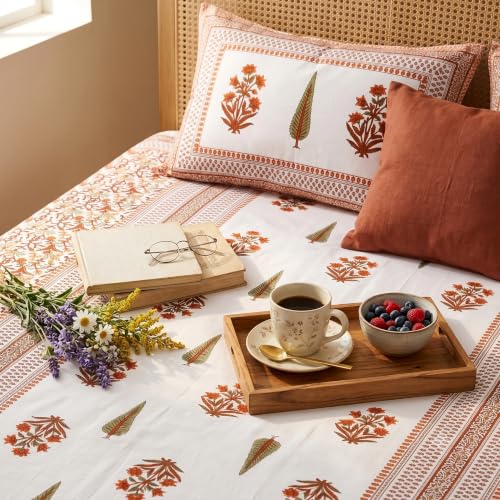 Image of Naksh King Size Bed Sheet Orange Floral Print 2 Pillow Covers | Orange Botanical Floral Print | Heritage Design for King Size Bedrooms