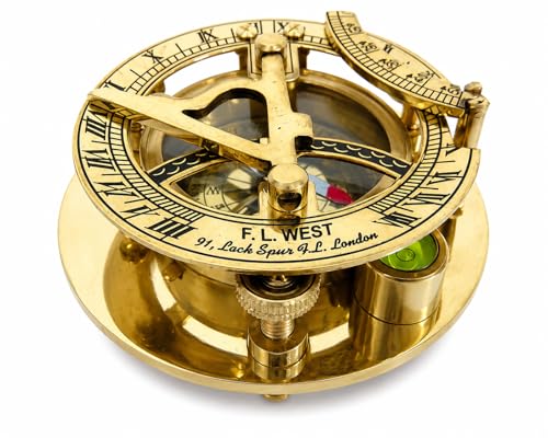 Fascinating Solid Brass Sundial Clock With Inset Compass Engraved Vane. 3 Inches