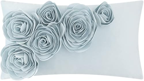 JWH Funda de almohada de flores 3D de 14 x 24 pulgadas, color azul claro, funda de cojín decorativa floral de terciopelo, funda de almohada
