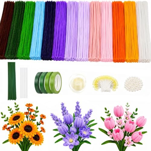 800PCS Pipe Cleaner Flower Kit, DIY Pipe Cleaners Craft Bouquet M...