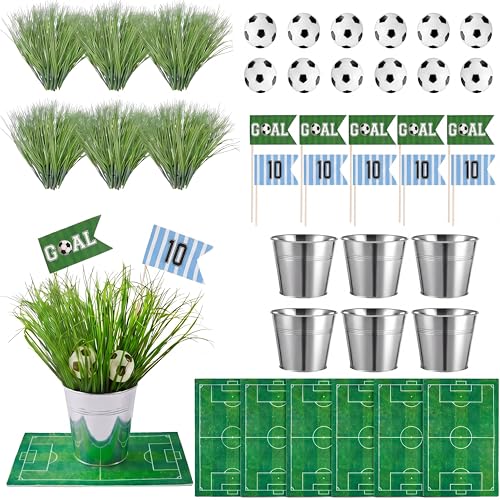 126 PCS 6 Set Soccer Centerpieces for Table Soccer Table Decor Set Includes 6 Metal Buckets 90 Artificial Grass 6 Felt Pitch Mats 12 Mini Balls and 12 Flags for Football Themed Party (Number 10)