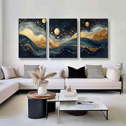 Triptyque abstrait sur toile de haute qualité avec feuille d'or paysage marin - 2