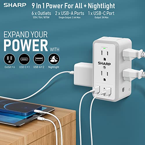 Sharp Wall Charger, Surge Protector, Outlet Extender With 6 Wide Spaced Outlets, Fast Charge, 2 USB-A and 1 Type-C, Smart AutoSense Nightlight, White