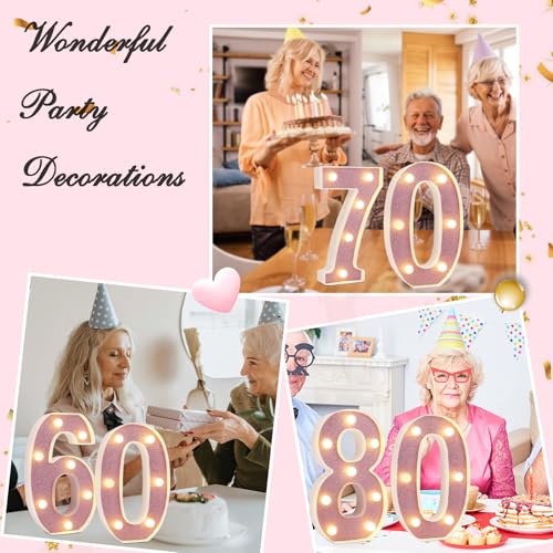 Image of Led Light Up Numbers, 70th Birthday Decorations, Marquee Numbers Lights, Battery Powered Light Up Sign for 30 Decor Party (Pink Glitter)